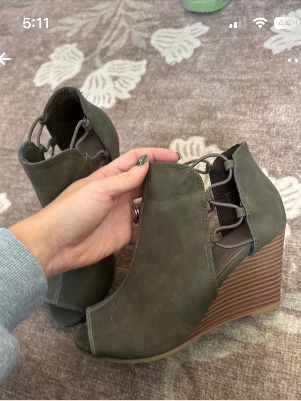 Sugar Olive Green Lace-Up Peep-Toe Wedge Booties